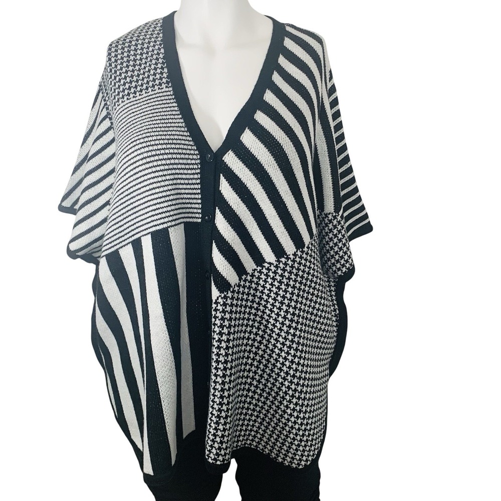 Catherines Poncho Cardigan Black White Mixed Stripe Houndstooth Size OX/1X